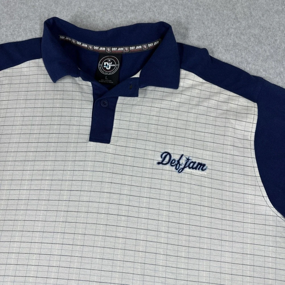 Vintage‎ Y2K Def Jam University Men's Check Polo Shirt Large Collared Blue
